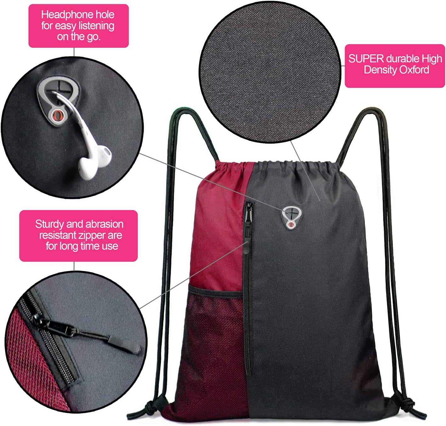 Maroon Drawstring Backpack Sports Gym Bag for Women Men Large String Backpack with Zipper and Water Bottle Mesh Pockets Cinch Sack Workout Bag, 16" X 20"