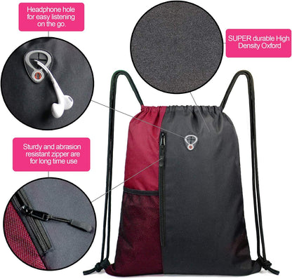 Maroon Drawstring Backpack Sports Gym Bag for Women Men Large String Backpack with Zipper and Water Bottle Mesh Pockets Cinch Sack Workout Bag, 16" X 20"