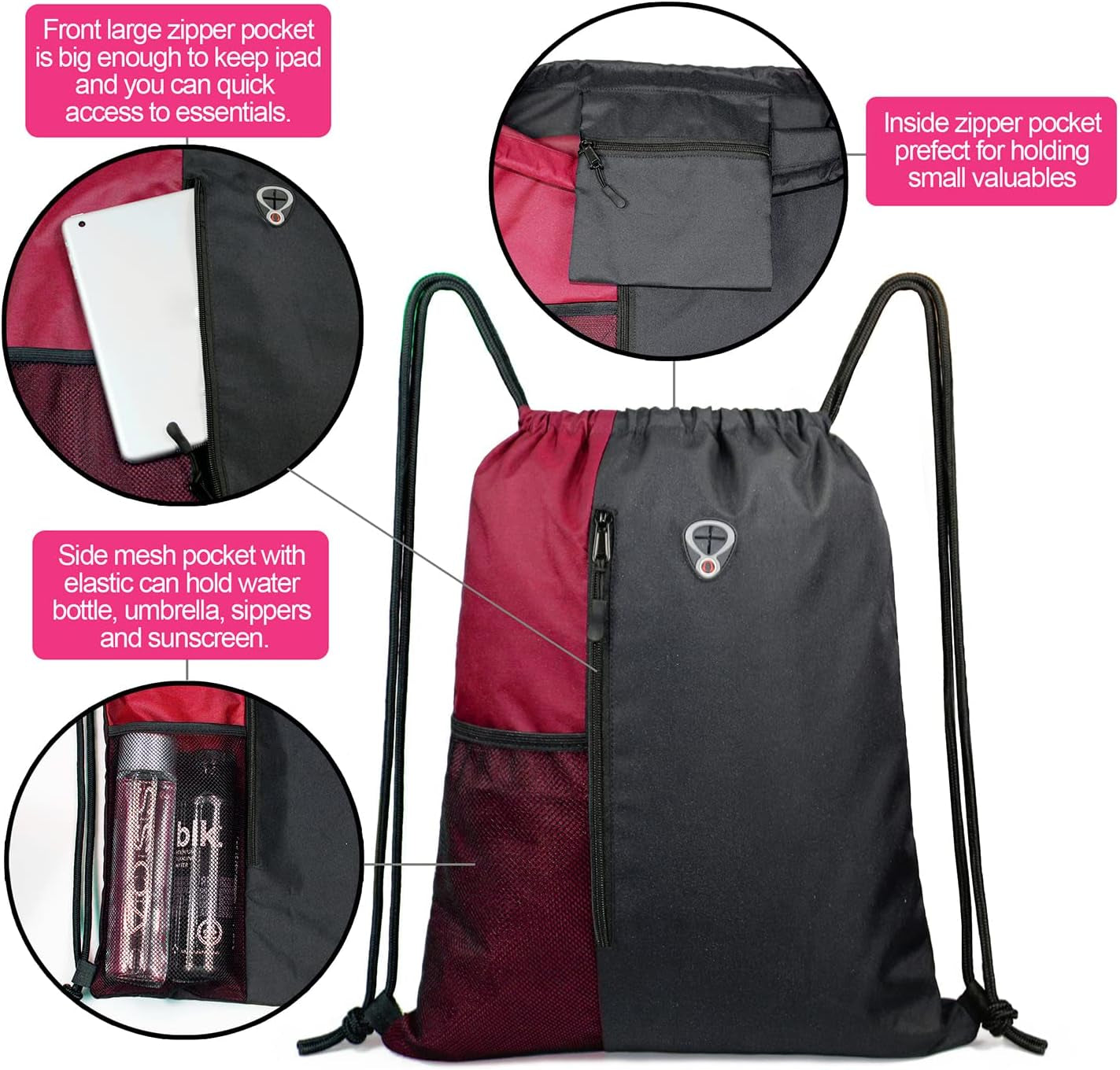 Maroon Drawstring Backpack Sports Gym Bag for Women Men Large String Backpack with Zipper and Water Bottle Mesh Pockets Cinch Sack Workout Bag, 16" X 20"