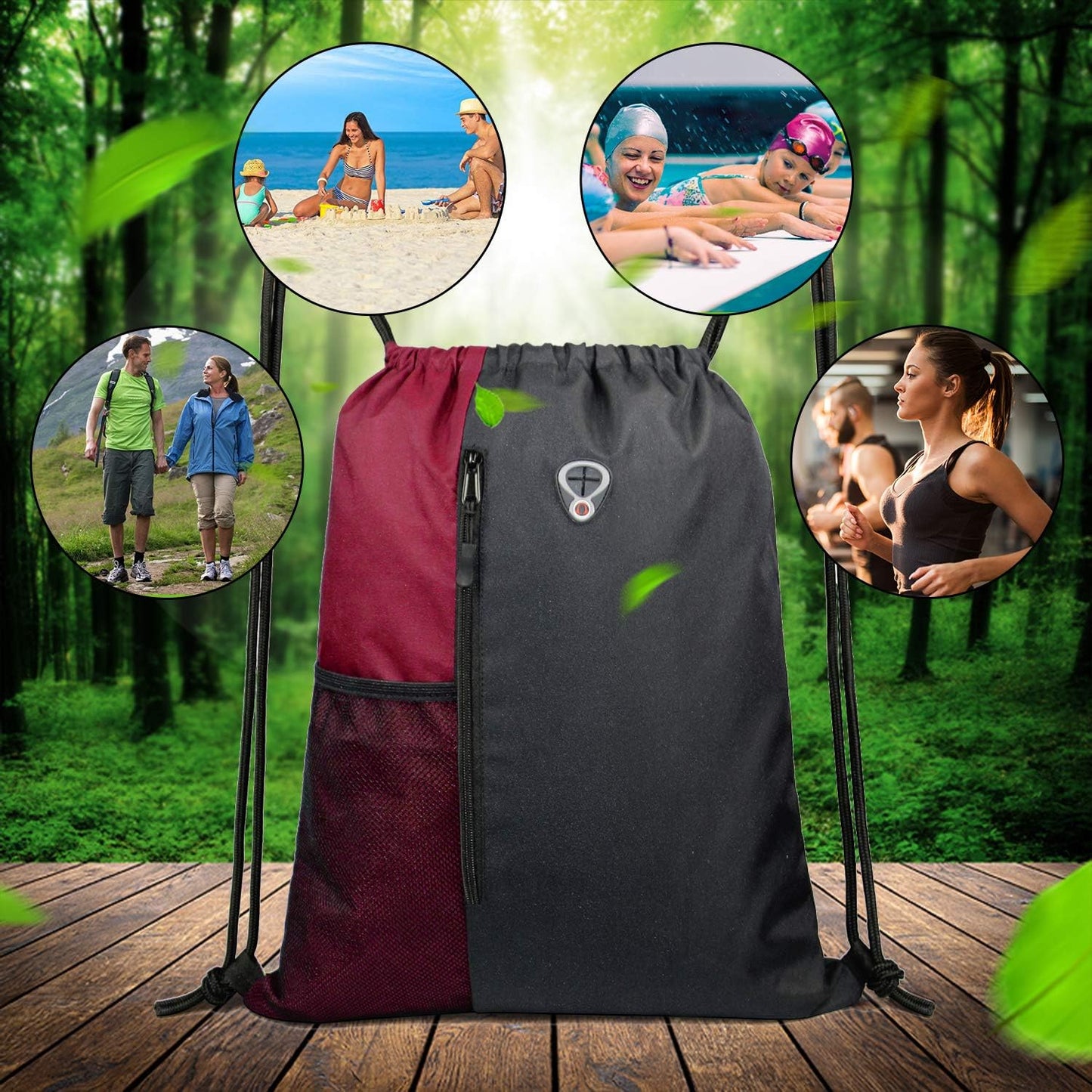 Maroon Drawstring Backpack Sports Gym Bag for Women Men Large String Backpack with Zipper and Water Bottle Mesh Pockets Cinch Sack Workout Bag, 16" X 20"