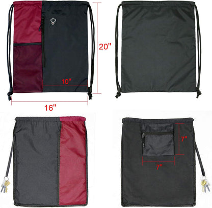Maroon Drawstring Backpack Sports Gym Bag for Women Men Large String Backpack with Zipper and Water Bottle Mesh Pockets Cinch Sack Workout Bag, 16" X 20"
