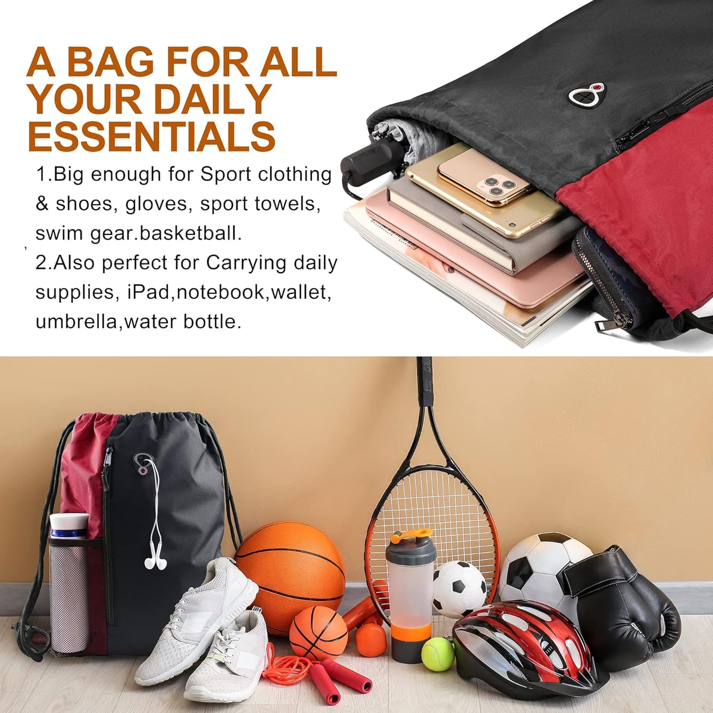 Maroon Drawstring Backpack Sports Gym Bag for Women Men Large String Backpack with Zipper and Water Bottle Mesh Pockets Cinch Sack Workout Bag, 16" X 20"